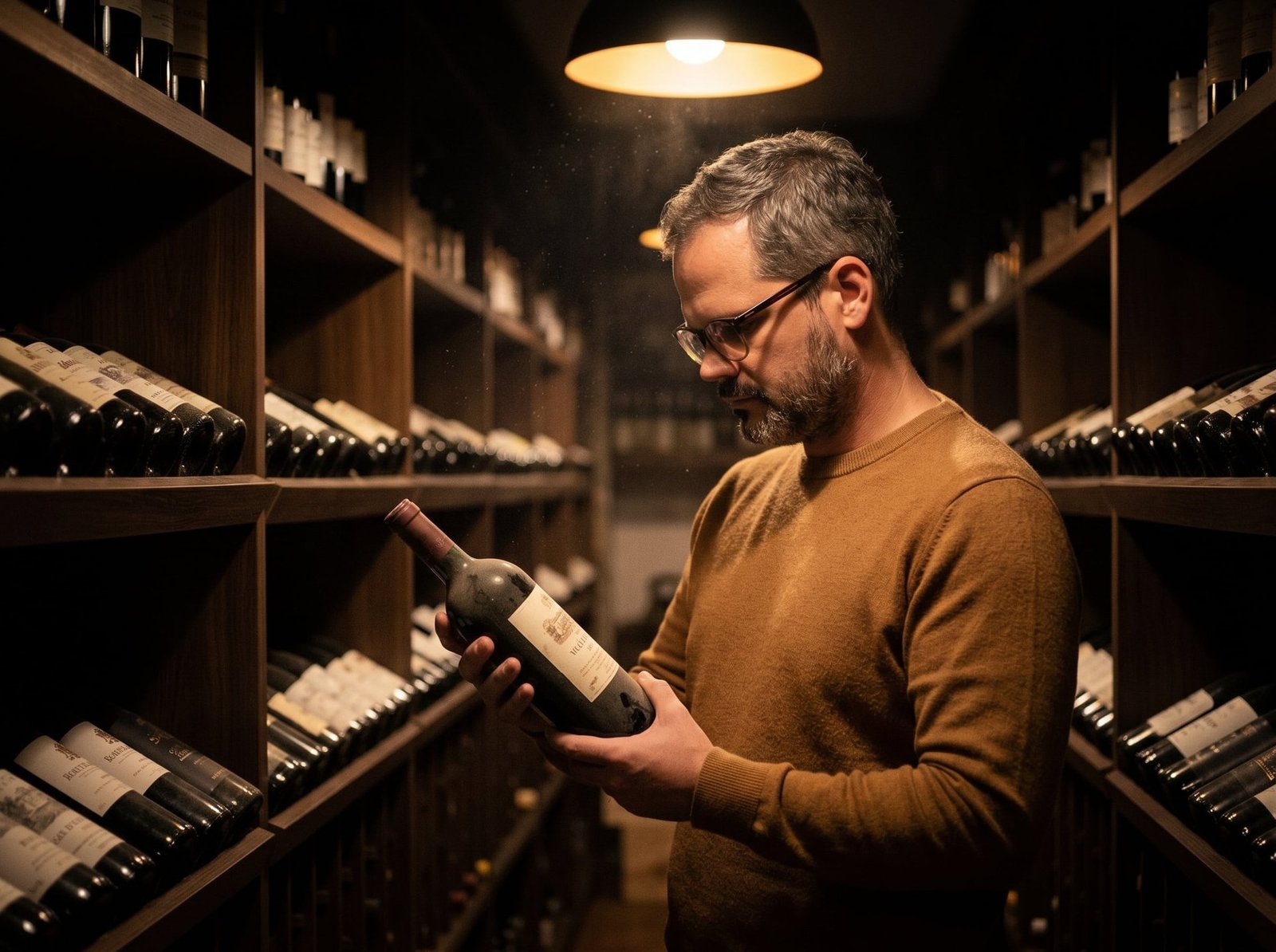 Consultor de vinhos inspecionando uma garrafa em adega privada