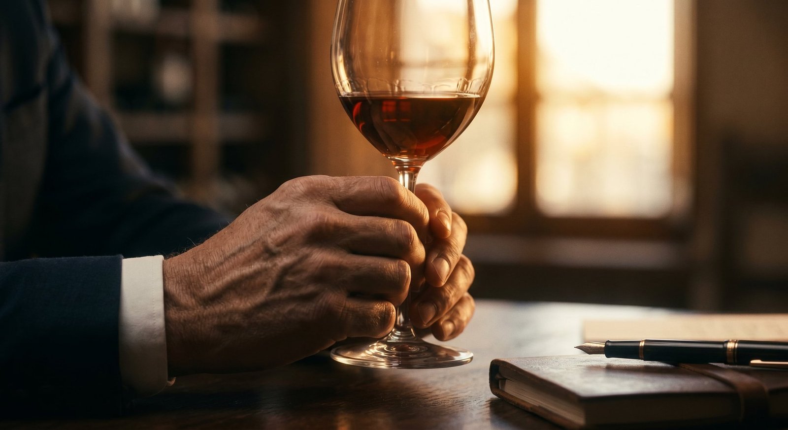 Mão segurando uma taça de vinho em luz quente ao entardecer