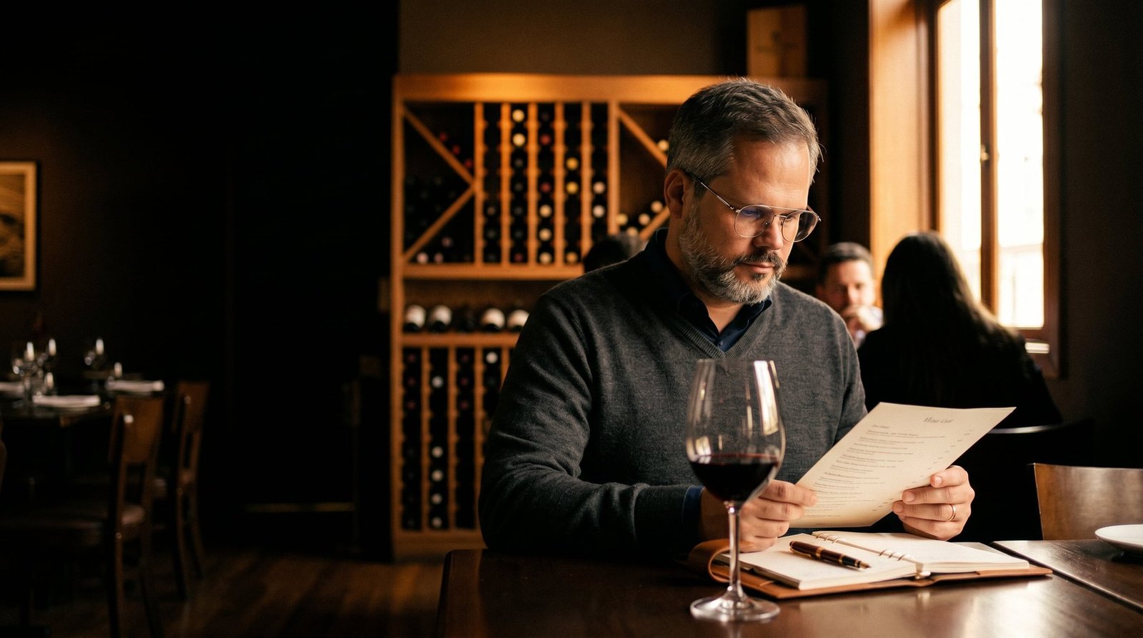 Consultor de vinhos analisando uma carta de vinhos em um restaurante elegante, com adega ao fundo e luz quente da janela